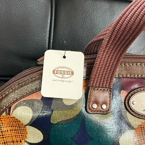 Fossil White Blue Orange Flower Purple Tote Bag Leather Trim 💜 - Picture 4 of 10